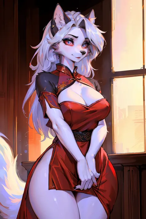 (best quality,4k,8k,highres,masterpiece:1.2),ultra-detailed,(realistic,photorealistic,photo-realistic:1.37),red eyes,furry,wolf girl,(beautiful/detailed eyes:1.1),feminine face,long lashes,(red clothing:1.1),(qipao,cheongsam:1.1),flowing chiffon,(jewelry/a...