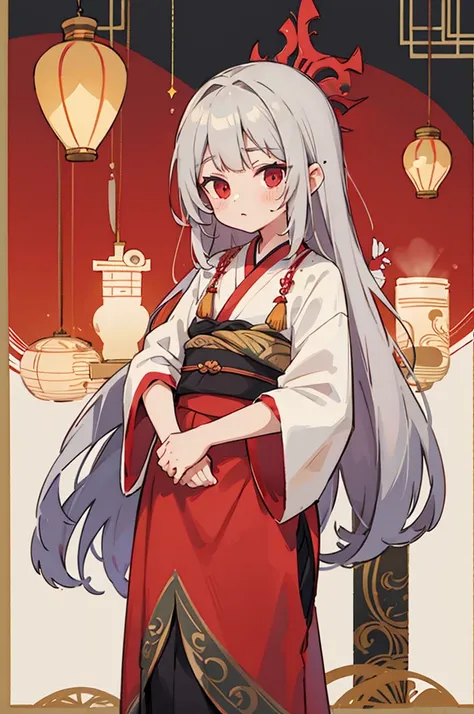 gray hair, red eyes, long hair,  , Balaur , Oriental style clothes