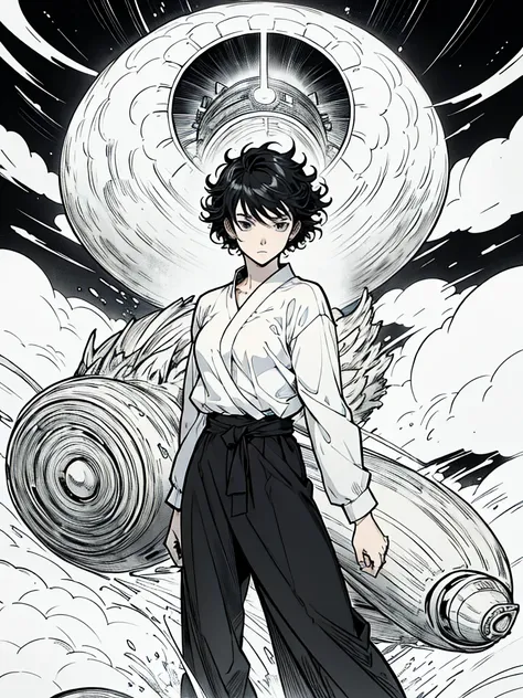 a woman with short curly hair, she is being consumed by a black cloud, manga page, allgreat style, takeshi obata style