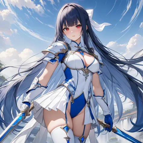 Highest quality、unity 8k wallpaper、32k、masterpiece、Very detailed、Ultra-high resolution、Very detailedな顔, RAW Photos, Professional, Ultra-fine painting,　Blue long straight hair、Red Eyes、Cool and sharp features, Hime cut, 20～A female magical warrior, about 24...