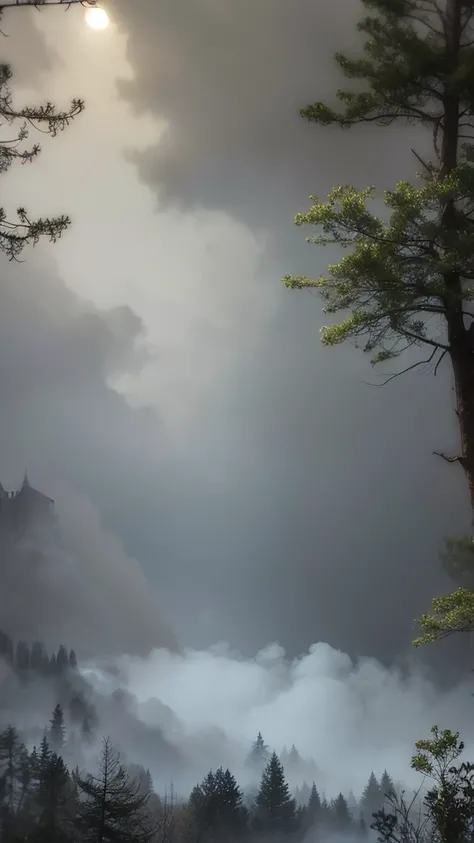 Phoenix, in the misty Hogwarts forest at night,Photorealistic, precise and high quality,Covered in white mist