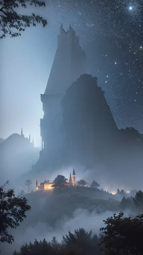 Phoenix, in the misty Hogwarts forest at night,Photorealistic, precise and high quality,Covered in white mist