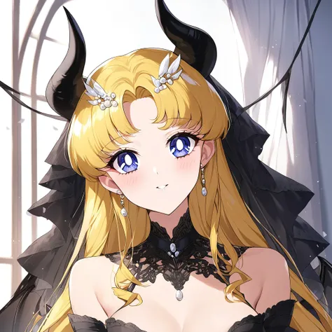 ((Highest quality)), ((masterpiece)), (detailed), （Perfect Face）、She is Princess Serenityで女は漆黒の肌のセクシーな女悪魔のプリンセスセレニティで威厳のある逞しい悪魔王に抱き付いてキスをしている、The woman is a jet-black female demon with magnificent devil horns, jet-black devil wings, and a jet-black tail. H...