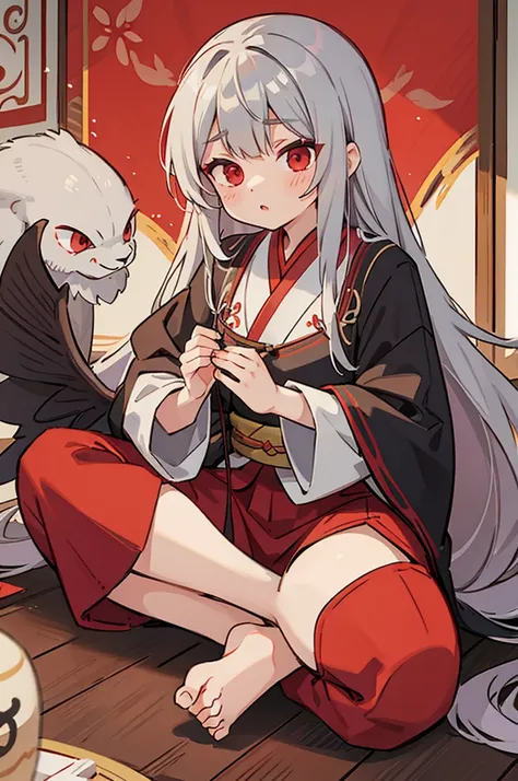 gray hair, red eyes, long hair,  , Balaur , Oriental style clothes