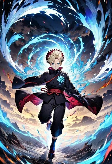 A high-resolution anime-style image of Satoru Gojo from Jujutsu Kaisen, using his Limitless Cursed Technique. His eyes are glowing with intense blue energy, surrounded by a dynamic, swirling aura. The background features a dramatic, dark landscape, highlig...