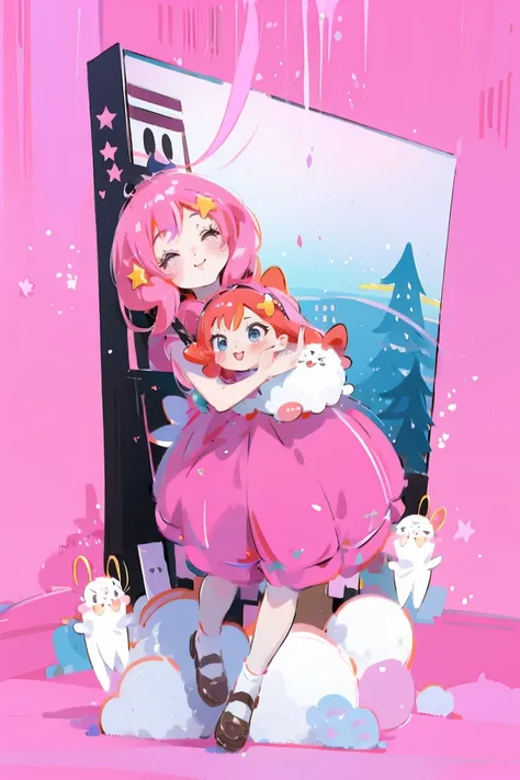 ((best quality)), ((masterpiece)), (detailed), perfect face, 1girl, nakano itsuki, smiling, whimsical, triad color pallette, looking at viewer, pink water droplets, smiling, flat colouring, full body, blank space on the left, fluffy red hair, star hairclip...