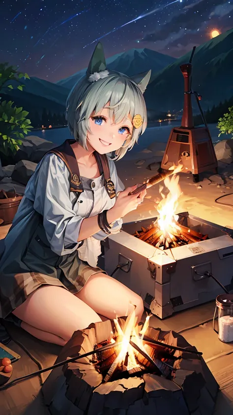 masterpiece, highest quality, high resolution, very detailed,(((seiun sky))), (((campfire))), (((smile))), night, a big flame is...