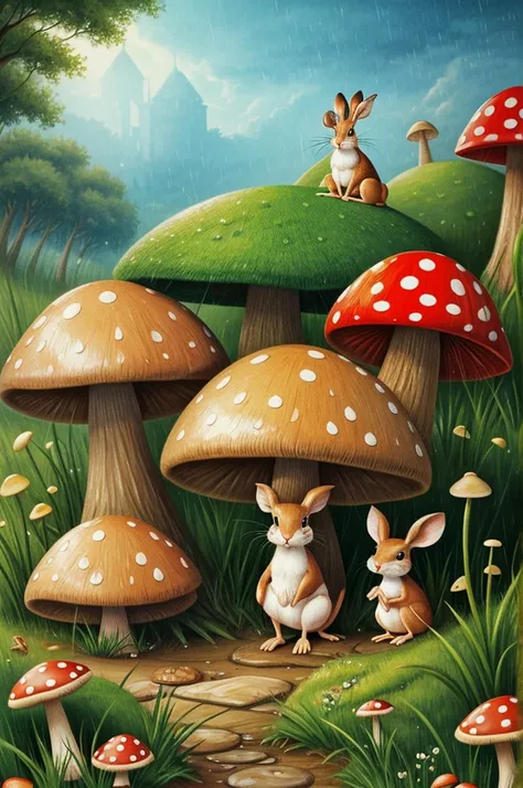 Illustration for a fairy tale, cartoon animals are hiding from the rain under one mushroom with a big hat., namely the hare, mouse and frog