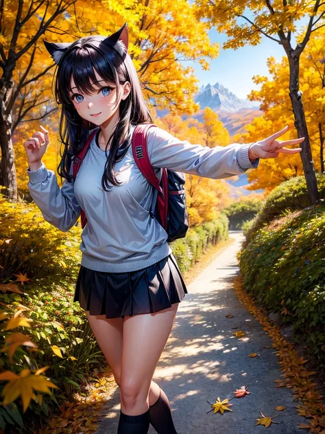 Highest quality,Highest Resolution,A beautiful girl with cat ears walking along a mountain path in autumn leaves,hiking,Backpack,up,looking at the camera,