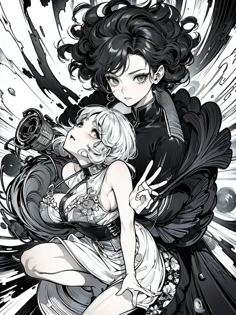 a woman with short curly hair, she is being consumed by a black cloud, manga page, allgreat style, takeshi obata style