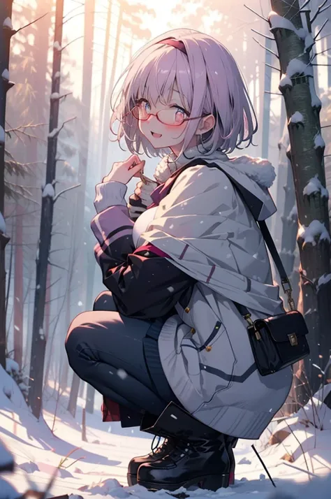 akaneshinjou, shinjou akane, Light purple hair, (Pink Eyes:1.2), short hair,Akagi Glasses,hair band,smile,blush,White Breath,Big Breasts,
Open your mouth,snow,Ground bonfire, Outdoor, boots, snowing, From the side, wood, suitcase, Cape, Blurred, having mea...