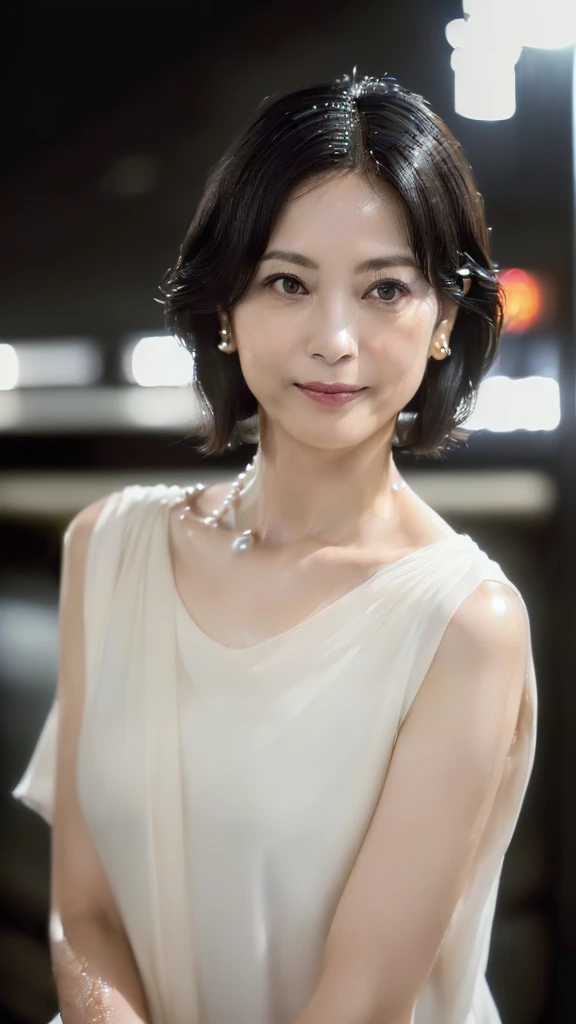 (((An American-shot photo, look at viewer with serious gaze, a 38yo Japanese goddess actress. very Seductive pose, 32k, 7 heads、looking at viewer, Staring Intently :1.8)))),(((A pure white, extremely thin fabric business short-sleeved open-neck shirt with ...