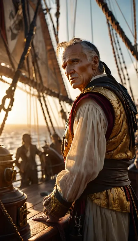 As the sun began to set, The warm golden color of the sun shone on his clothes, Julius Caesar writing poetry on a pirate ship, background dark, hyper realistic, ultra detailed hyper realistic, photorealistic, Studio Lighting, reflections, dynamic pose, Cin...