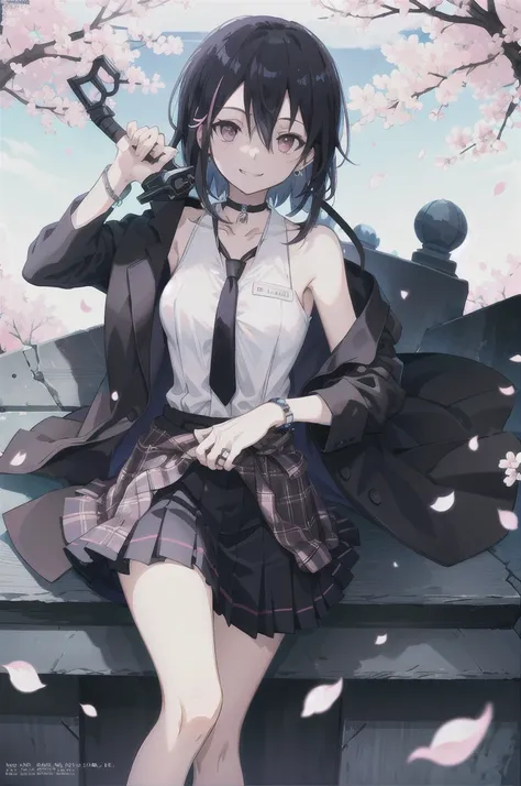 masterpiece, best quality,  full body,
1girl, bangs, black choker, black necktie, black hair, blue skirt, blush, bracelet, breasts, choker, clothes around waist, collarbone, collared shirt, cowboy shot, dress shirt, ear piercing, eyebrows visible through h...