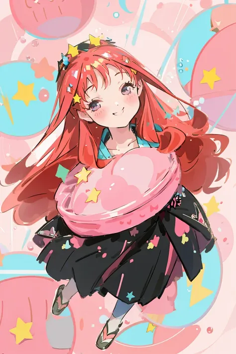 ((best quality)), ((masterpiece)), (detailed), perfect face, 1girl, nakano itsuki, smiling, whimsical, triad color pallette, looking at viewer, pink water droplets, smiling, flat colouring, full body, blank space on the left, fluffy red hair, star hairclip...