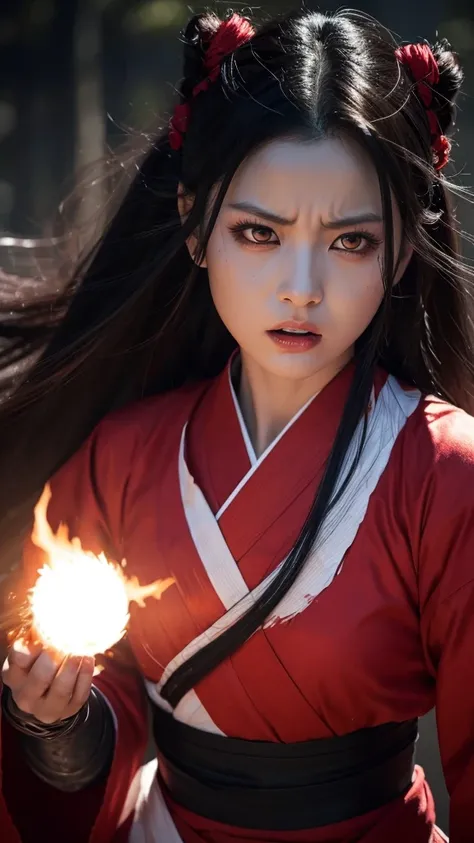 Here is a prompt in English for a live-action version of Nezuko from Demon Slayer with her face veins exposed:

---

A close-up shot of Nezuko from Demon Slayer in her demon form, with her face veins prominently visible. The scene is intense and dramatic, ...