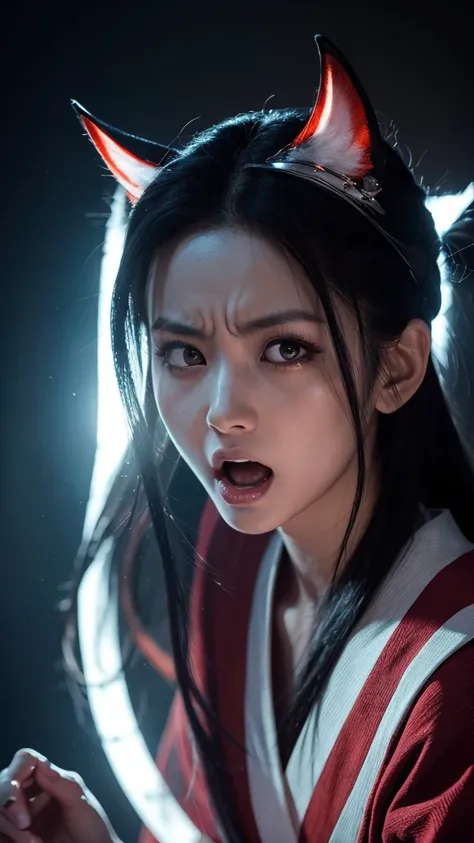 Here is a prompt in English for a live-action version of Nezuko from Demon Slayer with her face veins exposed:

---

A close-up shot of Nezuko from Demon Slayer in her demon form, with her face veins prominently visible. The scene is intense and dramatic, ...