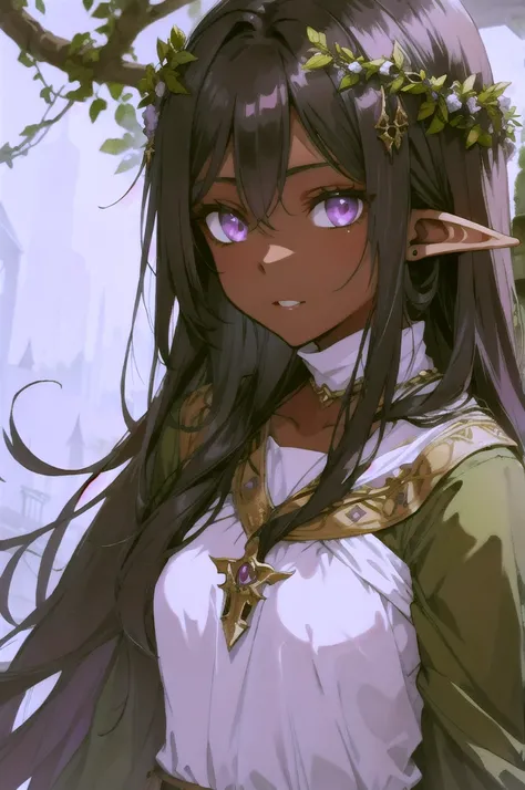 young woman, elf, druid, black hair,  purple eyes, dark skin,  cute