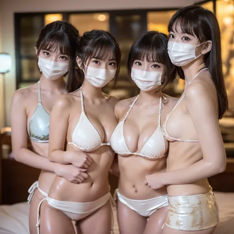 masterpiece, top-quality, top-quality, Beautifully Aesthetic, (((((3 girls, rubbing breasts each other, holding breasts))))), posing, group photo, 
((((((latex bikini, micro bikini, pale color bikini, mini skirt, extremely detailed)))))), 
((shiny oiled po...