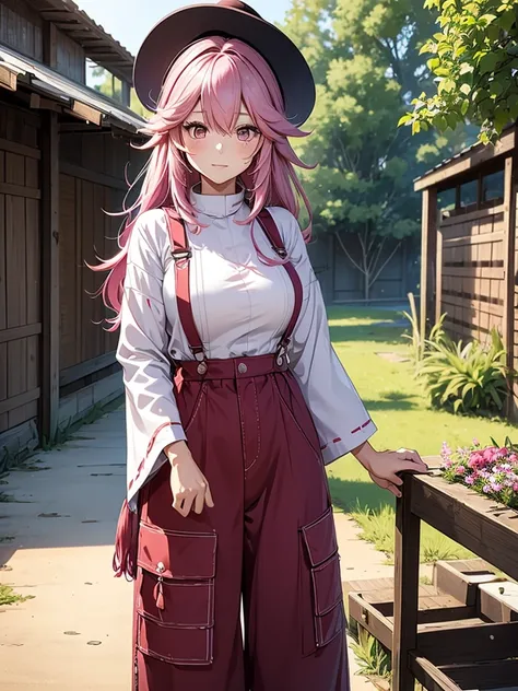 Yae miko, 1woman, as a farm woman, wearing farm outfit with overalls and hat, at a farm, pink colour hair, 8k, high detailed, high quality
