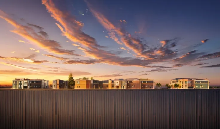 building facades，side view，commercial street，prosperity，sunset，sunset