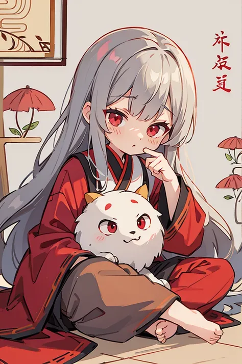 gray hair, red eyes, long hair,  , Balaur ,Oriental style clothes , one person