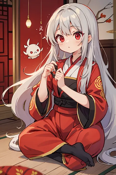 gray hair, red eyes, long hair,  , Balaur ,Oriental style clothes , one person