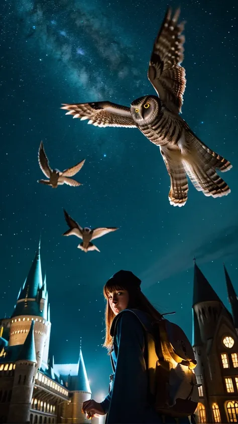 The owl is flying,Night Sky,Hogwarts,Photorealistic, precise and high quality