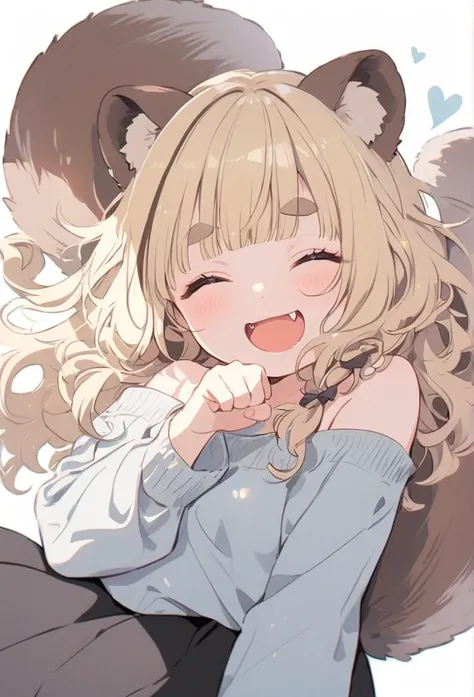 anime,(pale colors:1.8),long shot, 1girl, (on right:1.3), full body, solo, grin, smile, closed eyes, dynamic angle, lying on, paw pose, fang, tongue,  light yellow hair, racoon ears, racoon tail, (brown streaked hair:1.3), side braid, (blunt bangs), wavy h...