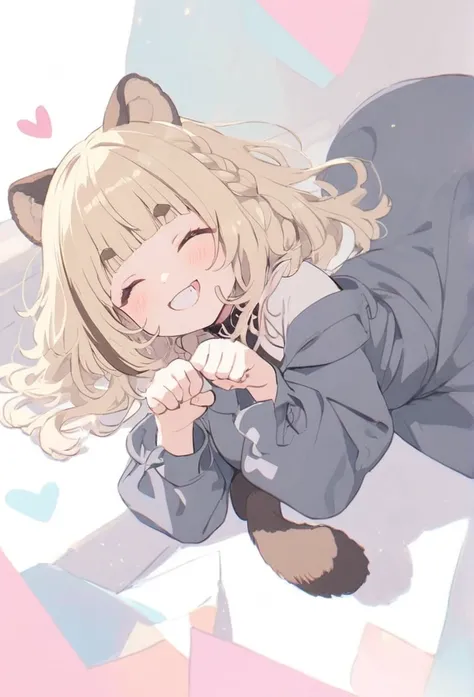 anime,(pale colors:1.8),long shot, 1girl, (on right:1.3), full body, solo, grin, smile, closed eyes, dynamic angle, lying on, paw pose, fang, tongue,  light yellow hair, racoon ears, racoon tail, (brown streaked hair:1.3), side braid, (blunt bangs), wavy h...