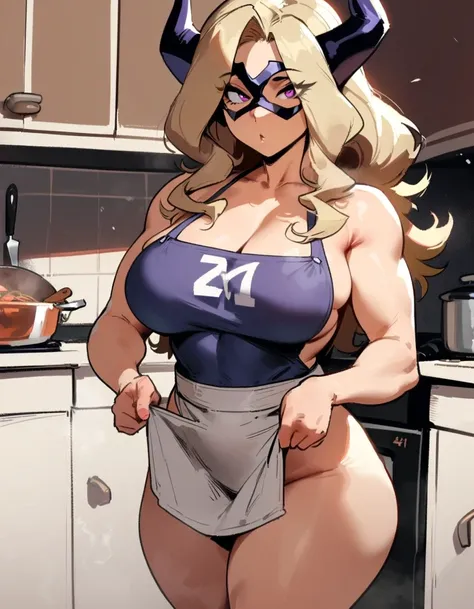 1girl, mount lady, boku no hero academia  masterpiece, best quality, very aesthetic, absurdres, newest  sportive body,    by dodok, nyantcha, cutesexyrobutts, by khyle ///// blonde, purple eyes,   , 24 years old,kitchen, wearing only apron, big tits, naked...