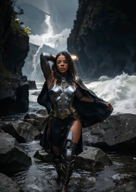 ((masterpiece)), (best quality), perfect anatomy, highres, detailed, (8k), photorealistic, best quality, ultra highres, ((detailed face)), a Realistic full body portrait of Tessa Thompson as Thor God Of Thunder in the iconic outfit from the Avengers Movies...