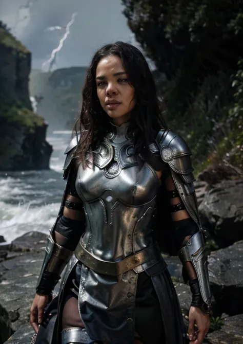 ((masterpiece)), (best quality), perfect anatomy, highres, detailed, (8k), photorealistic, best quality, ultra highres, ((detailed face)), a Realistic full body portrait of Tessa Thompson as Thor God Of Thunder in the iconic outfit from the Avengers Movies...