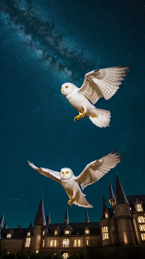 White owl flying,Night Sky,Hogwarts,Photorealistic, precise and high quality