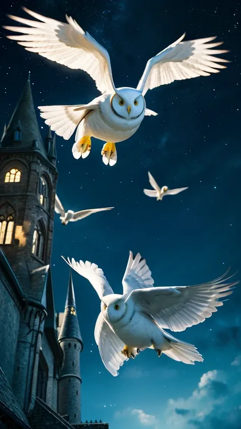 White owl flying,Night Sky,Hogwarts,Photorealistic, precise and high quality