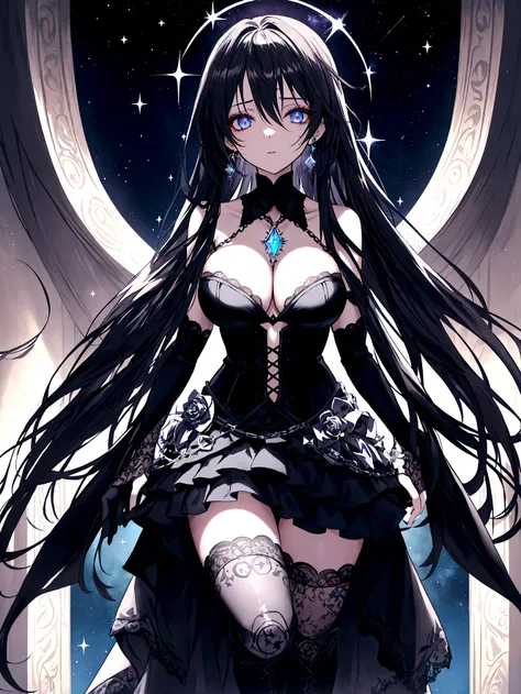 An anime girl with long, flowing dark hair, styled with subtle curls, stands confidently under a dark, starry night sky. Her piercing eyes, highlighted with dramatic makeup, reflect the distant galaxies. She is dressed in elaborate gothic attire: a black l...