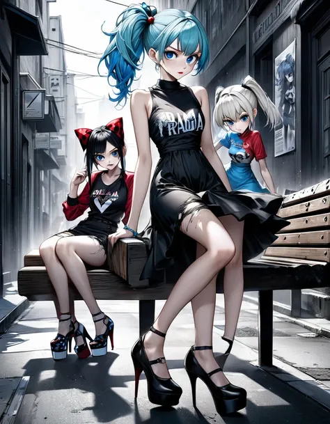 bleach style anime bulma + Serious Harley Quinn with straight mohawk hair thin V-cut dress with Prada print ripped high heels walking on a dark gloomy street scared style photo realism, fully detailed drawing in black and monochromatic bench and only the s...