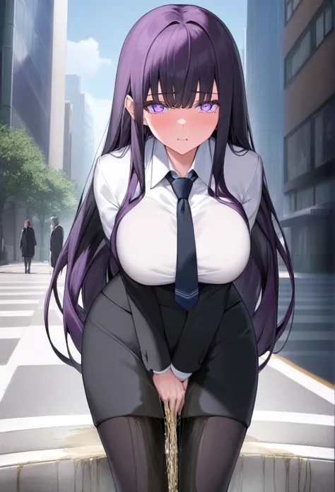 (masterpiece:1.37), best quality, (extremely detailed:1.37) woman, (adult:1.5), (very long hair:1.5), dark purple hair, purple eyes, (extremely detailed eyes:1.37), breasts, business suit, necktie, (very long pencil skirt:2.0), pantyhose, (wetting herself:...