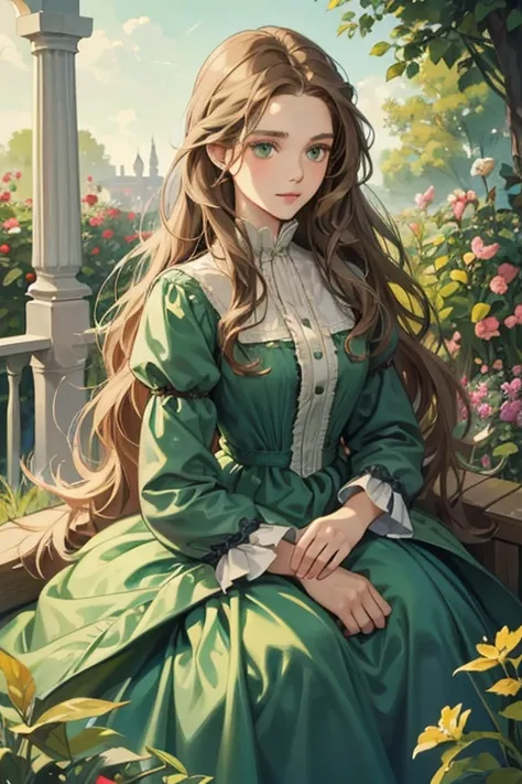 a digital painting of a woman with long brown wavy hair, green eyes, a young noble woman from the 1800s , soft features, navy blue dress, in a garden, portrait style