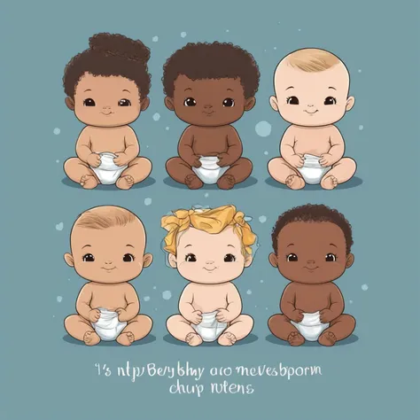 6 baby new born, diapers, different races, Caucasian, African, Chinese, Mexican, active, eyes up, smiling, white background