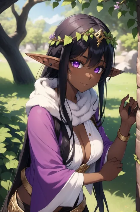 young woman, elf, druid, black hair,  purple eyes, dark skin,  cute