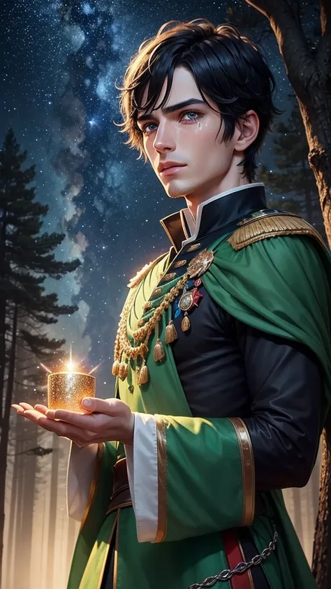 colorful forest, Sky with Stars,Glitter, a man, just face, man has short black Hair and green eyes, tears , screaming, royal clothes