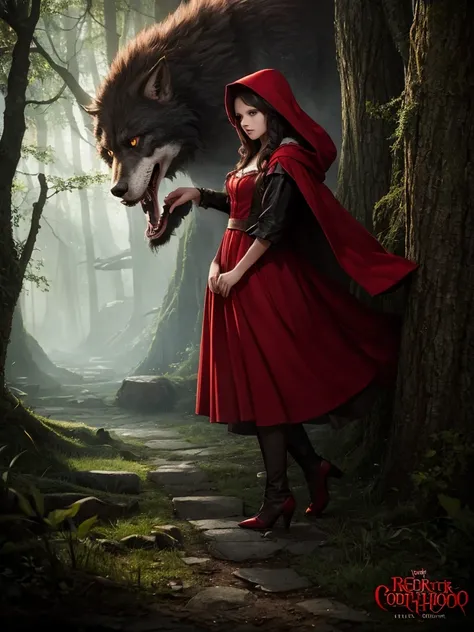 High quality,4k,dark fantasy,game poster, red riding hood,werewolf,castle, forest, portrait size