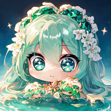 1 girl masterpiece, highest quality, shape, emerald green eyes and hair, platinum earrings, platinum necklace, Sea, The Little Mermaid, cute, (dynamic lighting:1.2), cinematic lighting, delicate features, fine eyes, sharp pupils, realistic student, written...