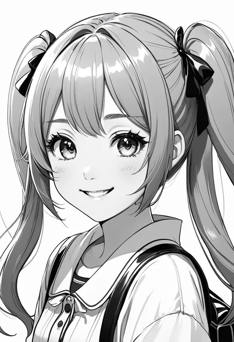 (Line art:1.4)、Monochrome、(No solid paint:1.4)、sketch、(Highest quality, masterpiece, High resolution)、(Anime Art)、(1 Girl)、Cute facial details、Captivating smile、Twin tails