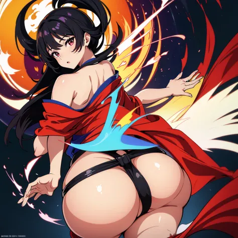 Anal from behind, Kimono, Huge ass, Black hair, Emphasizing the ass, Naked lower body, Pubic hair, Masterpiece, Ultra high quality, Ultra high quality, Opening the anus with hands