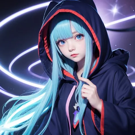 Anime illustration style, light blue hair, long hair, large eyes, small mouth, cute face, purple eyes, cute girl aged 16, very large bust, profession magician, clothing navy blue hooded robe, no hood, background dark corridor, fighting enemy, full body ima...