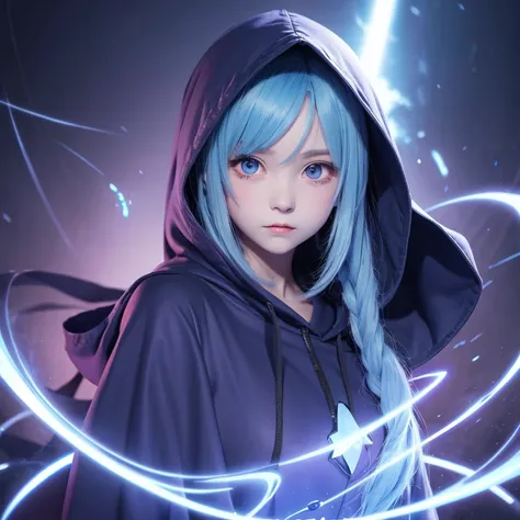 Anime illustration style, light blue hair, long hair, large eyes, small mouth, cute face, purple eyes, cute girl aged 16, very large bust, profession magician, clothing navy blue hooded robe, no hood, background dark corridor, fighting enemy, full body ima...