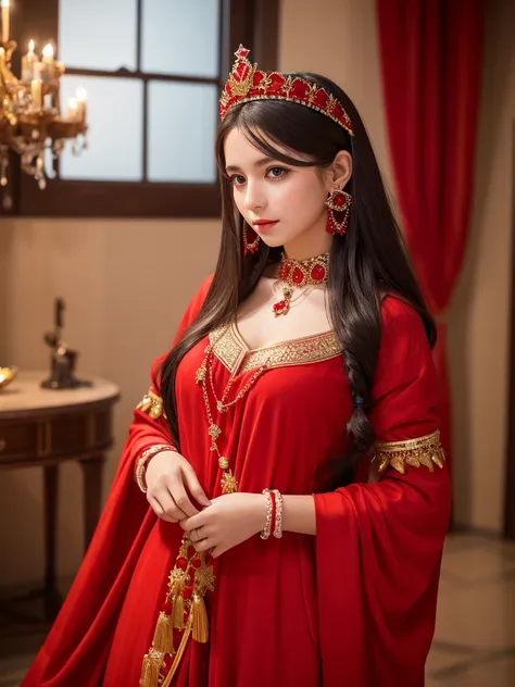 、Highest quality , sexy, Ultra-high resolution, RAW Photos, girl, indoor, White skin, Long Hair ,whole body,Black Hair、Red color clothes、Algerian national costume、Red color crown、Red color necklace、Red wrist ornament、Red color earrings、