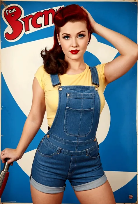 photo of a woman in a blue overall holding a wrench, pin-up girl, Earl, pin up poster girl, pin up girl, pinup model